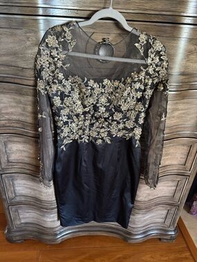 Black Long-Sleeve Embroidered Cocktail Dress with Gold Appliqué